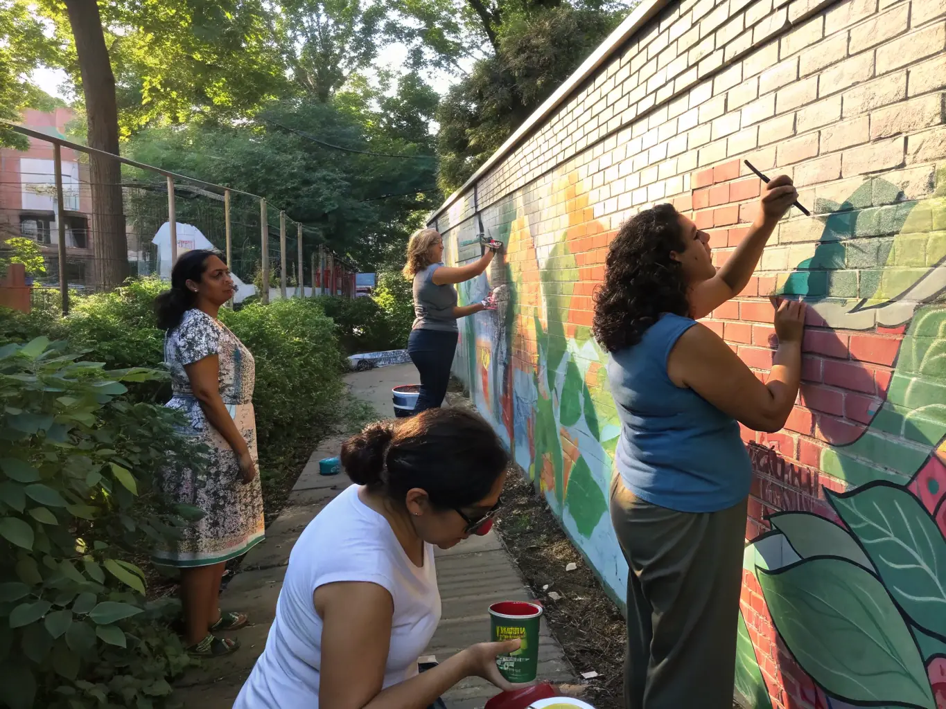 An image of community members collaborating on a local project, such as painting a mural or planting a community garden, highlighting the platform's support for collaborative initiatives.